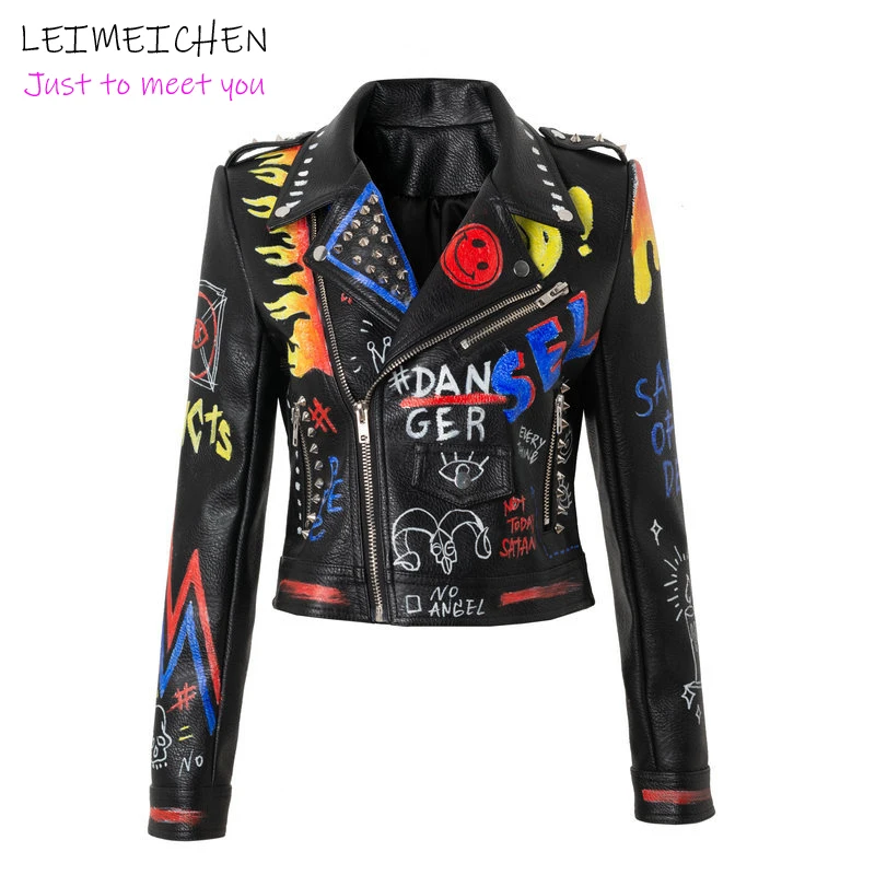 

LEIMEICHEN PU Leather Jacket Ladies Studded Punk Rock Biker Rider Jacket Retro Graffiti Flame Print Short Coat Leather Top