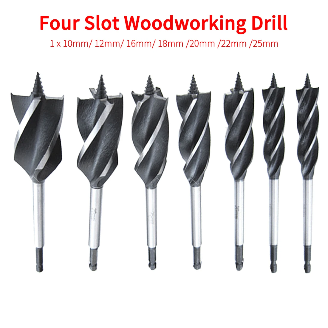 

10mm-25mm Four-slot Four-blade Woodworking Drill Bit Deep Hole Twist Drill Wood Door Lock Hole Opener Hex Shank