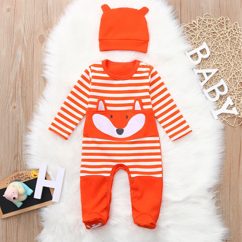 

Baby Kids Clothing Sets infant Newborn Baby Boys Girls Cartoon Fox Striped Romper Jumpsuit+hat Outfits деская дежда Ropa Teens