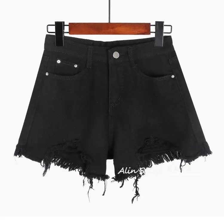 

2020 new Korean versatile loose thin student hot pants High Waist Wide Leg hole white denim shorts women's summer