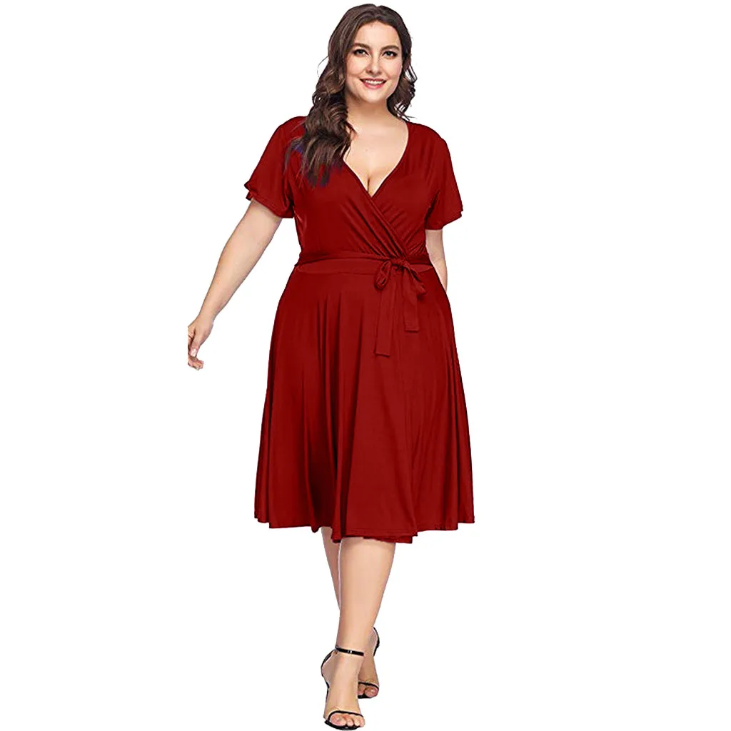 Большие размеры пляжные платья женские повседневные короткий рукав V шейный галстук-бабочка однотонные вечерние пляжные мини-платья летние сексуальные свободные Feminino# Y1