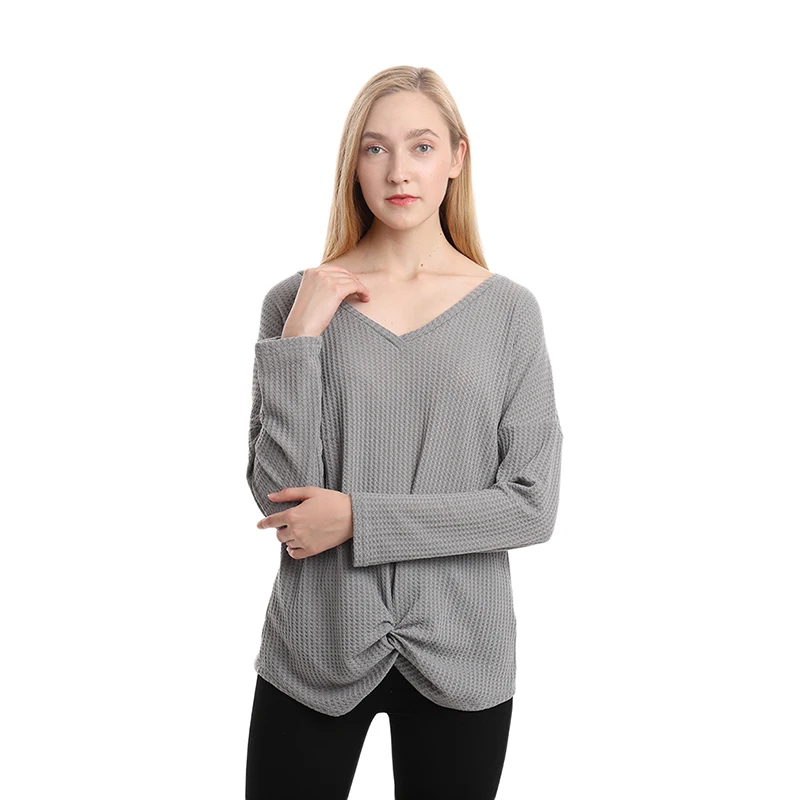 Женская модная футболка осенне-зимние модели одноцветная свободная с v-образным