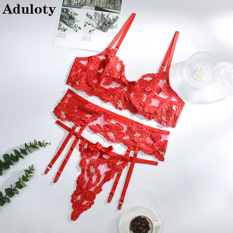 

Aduloty New Fashion Sexy Embroidered Red Flowers Transparent Perspective Erotic Lingerie Underwire Gather Bra Garter Thong 3Pc
