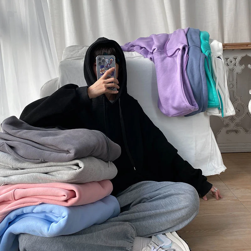 

Hybskr Basic Hoodies Solid Color Men's Big Size Pullovers Korean Style Fashion Male Streetwear Hip Hop Unisex Hooded Sweatshirt