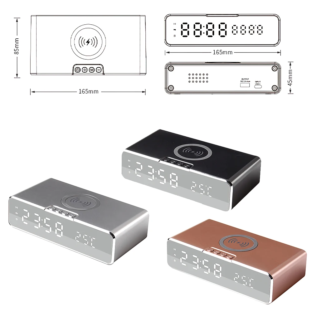 

LED Electric Alarm Clock Digital Thermometer Clock HD Mirror Clock with Phone Wireless Charger Date for Home Decor Table clock
