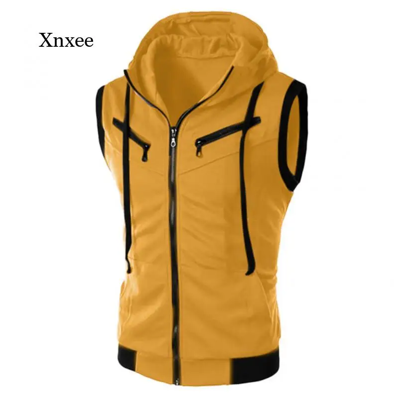 

Men Summer Sleeveless Hoodies Zipper Sports Fitness Vest Mens Patchwork Casual Hooded Tank Top Pockets Solid Jacket Waistcoat