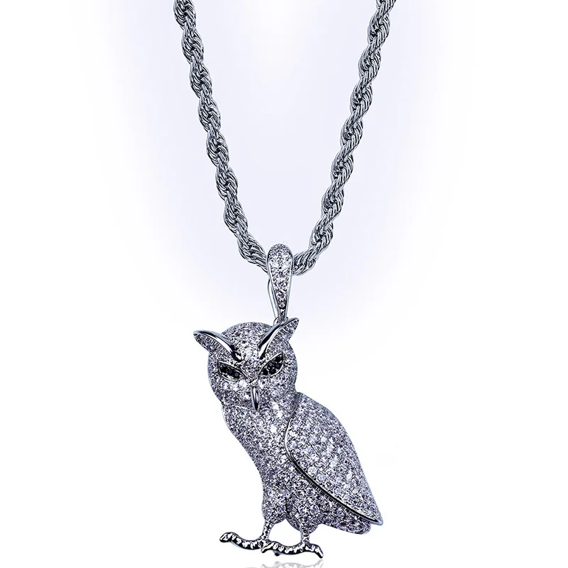 

Hip Hop Micro Paved AAA+ Cubic Zirconia Iced Out Bling Nighthawk Owl Pendants Necklace for Men Rapper Jewelry Gold Silver Color