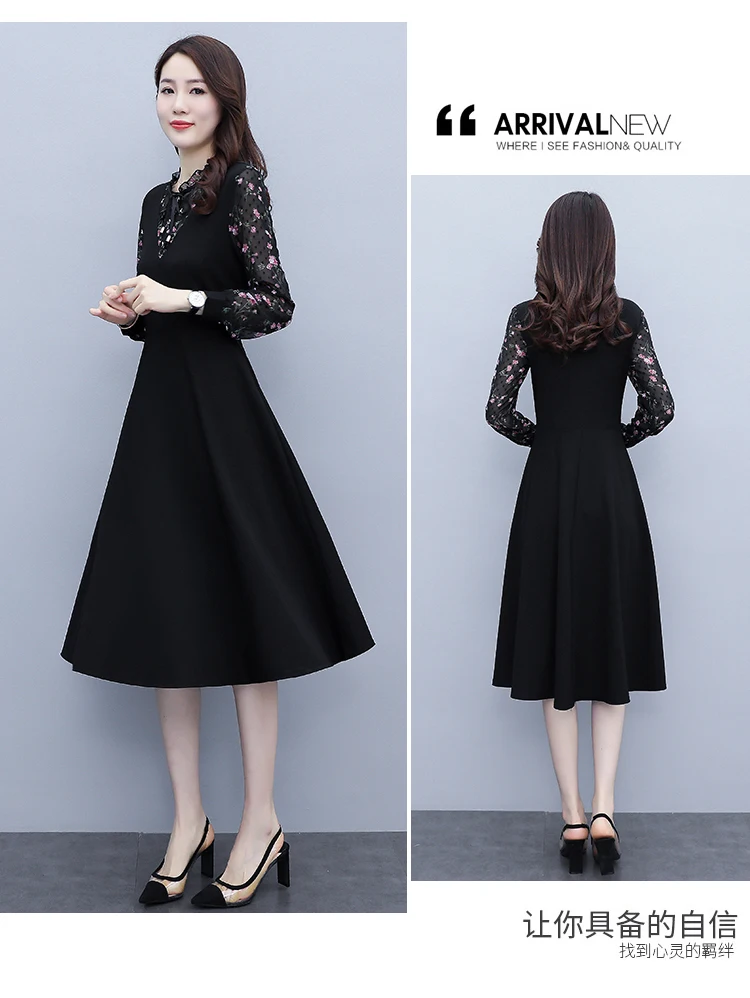 

Women's Dresses Chiffon Casual Dress New Korean Fashion Lace A-LINE Lady Button O-Neck Knee-Length Long Sleeve Dresse Houthion