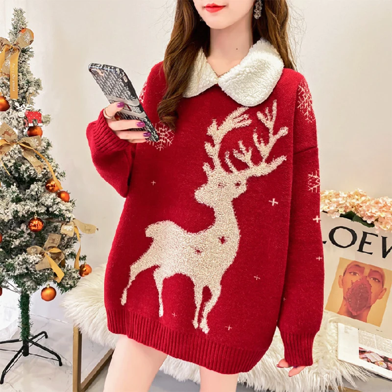 

PrettyGirl Clothes Store 2021 Women's Fall Winter New Christmas Elk Large Size Covering Belly Thin Loose Pullover Sweater