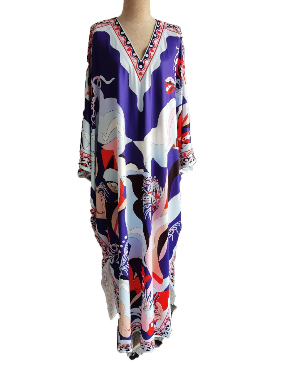 Casual Floral Printed Boho silk Cafatn long dress Runway Women's Batwing sleeve Loose Silk kaftan maxi dress for women