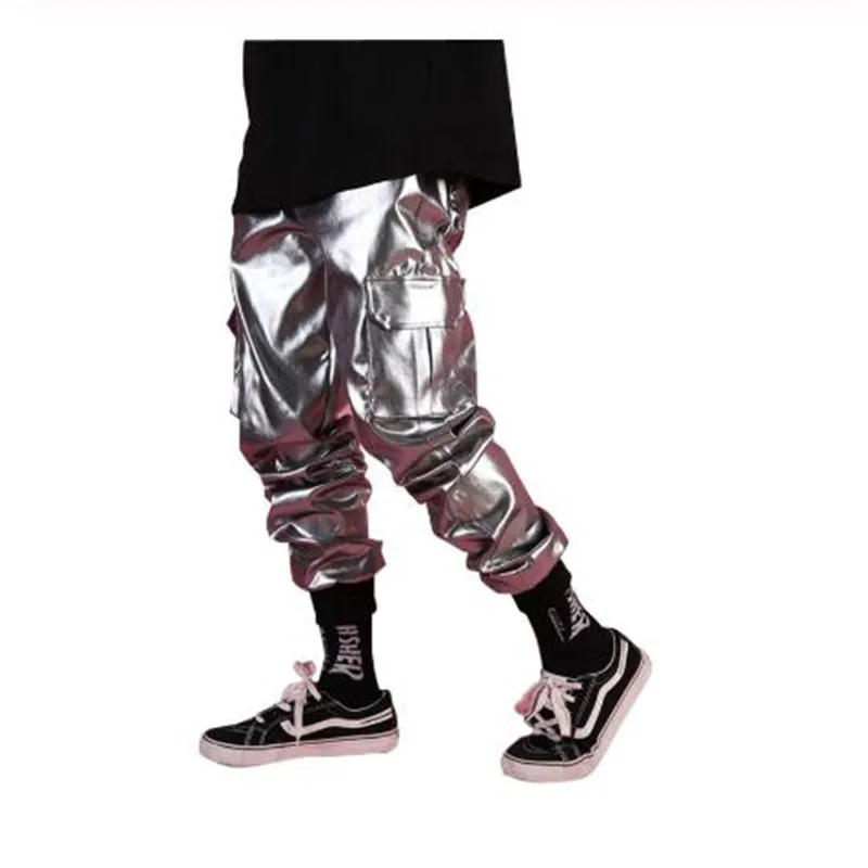 Мужские повседневные кожаные шаровары уличные Серебристые брюки-карго с