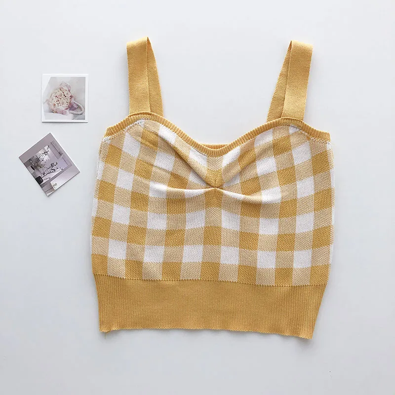 Женские клетчатые вязаные топы с жемчужным дневником короткие шикарные без