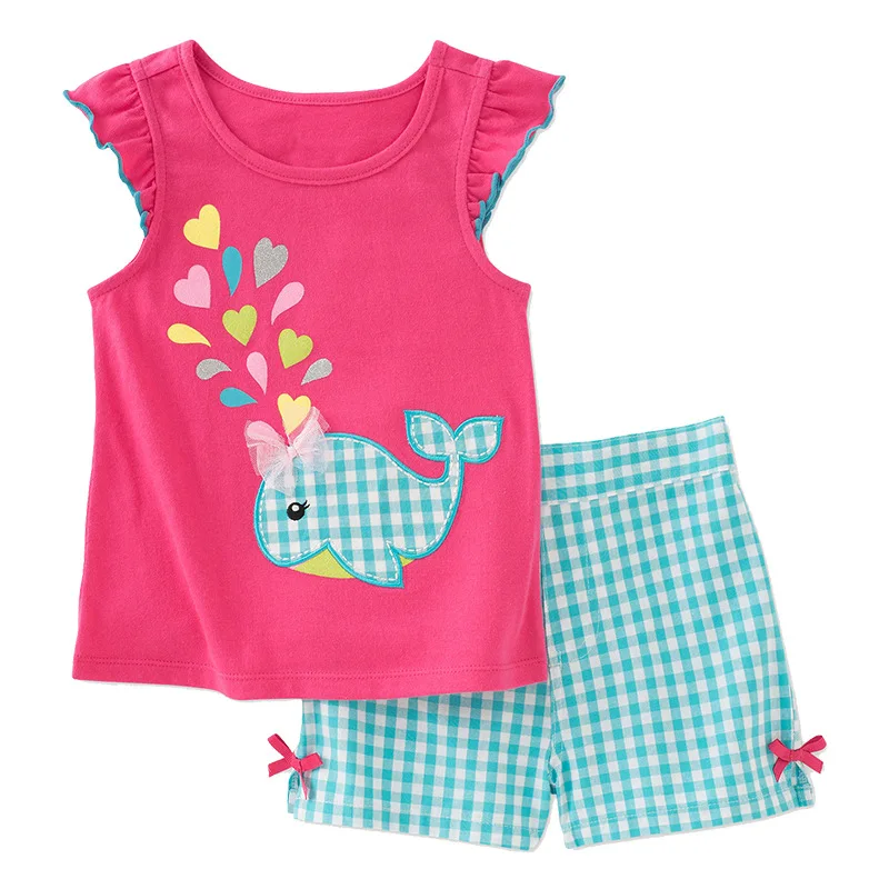 

Embroidered girls' short sleeve set summer new cartoon printed Plaid Pullover two piece set 1004