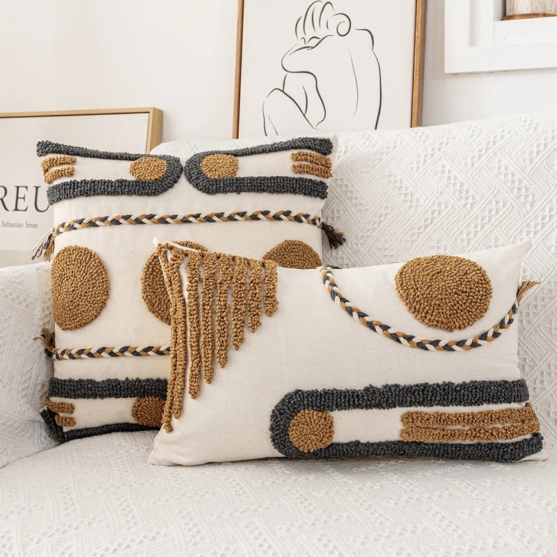 Boho Style Cushion Cover 45x45cm/30x50cm Cotton pillow cover Coffee Loop Tufted for Home decoration Netural Living Room Bedroom | Дом и сад