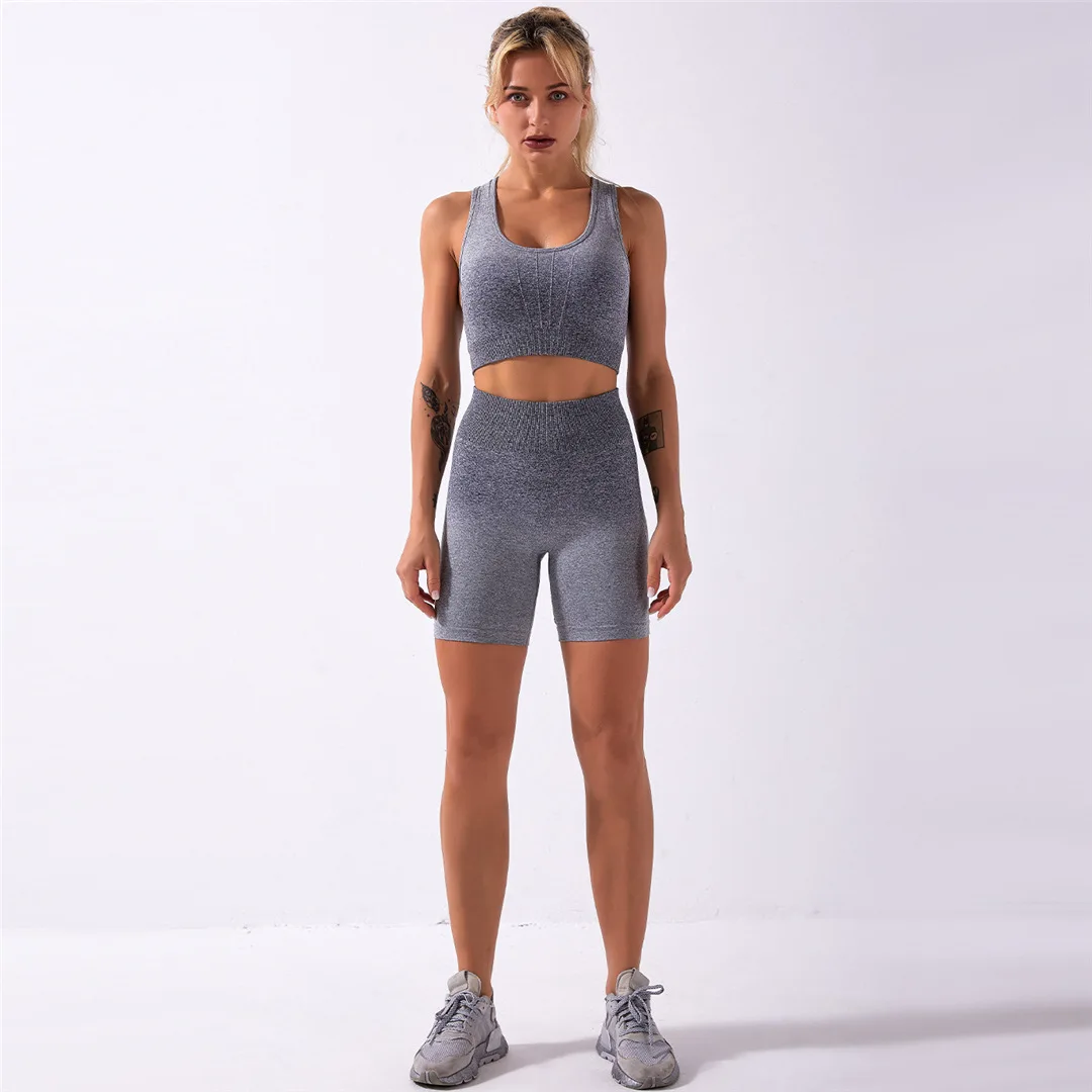 Ombre Seamless 2 Pieces Set Women Suit Gym Workout Clothes Sport Bra Fitness Crop Top And Shorts Pants Leggings Yoga A014TS | Спорт и