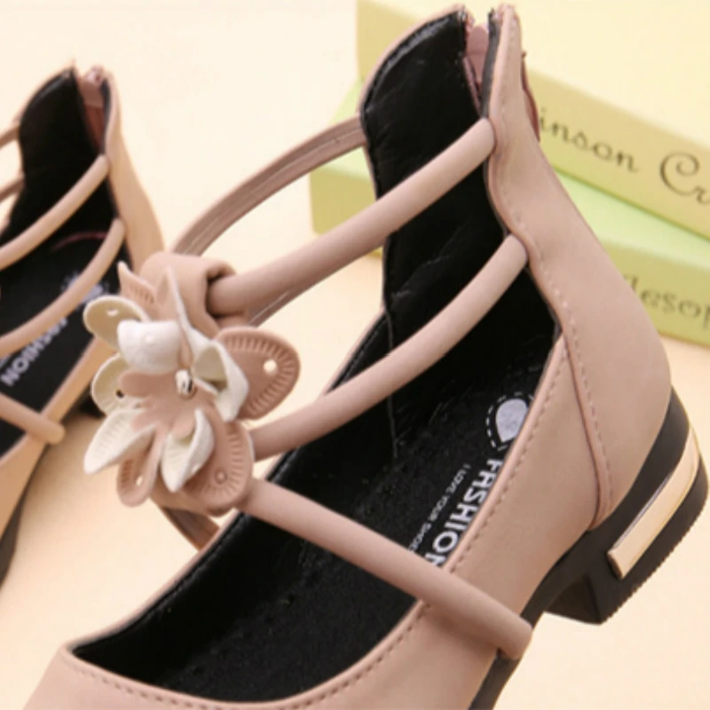 Туфли детские с цветами для девочек обувь танцев и шоу принцесс бежевые розовые