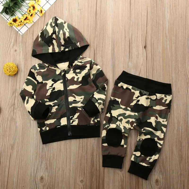 2Pcs Newborn Baby Boy Clothes Camo Boys Hooded Long Sleeve Tops Pants Kids Outfit Set Casual Tracksuit Clothing |