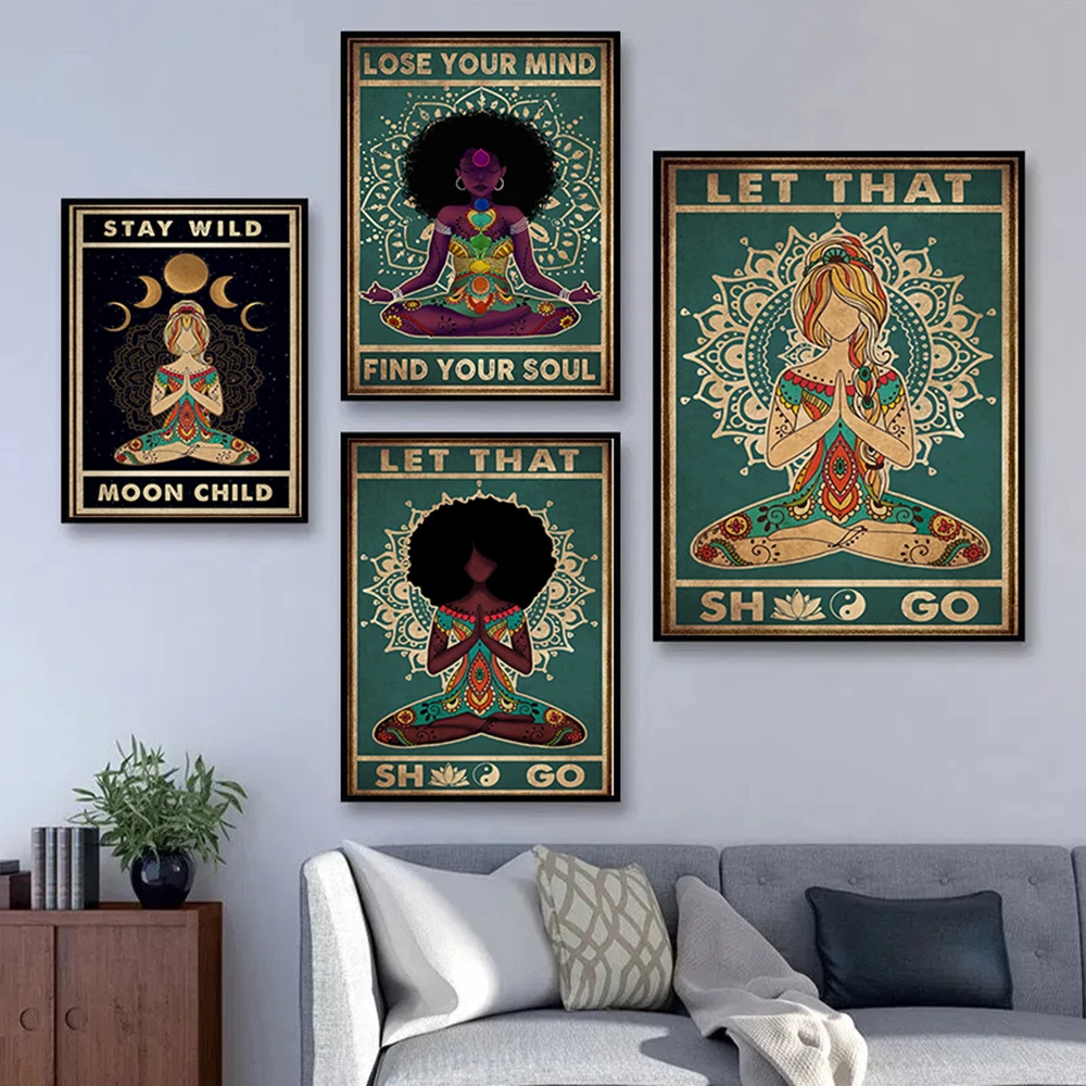 

Retro Nordic Yoga Blue Green Namaste Poster Mother Style Meditation Wall Art Pictures Yoga Gym Home Living Room Decoration Gift