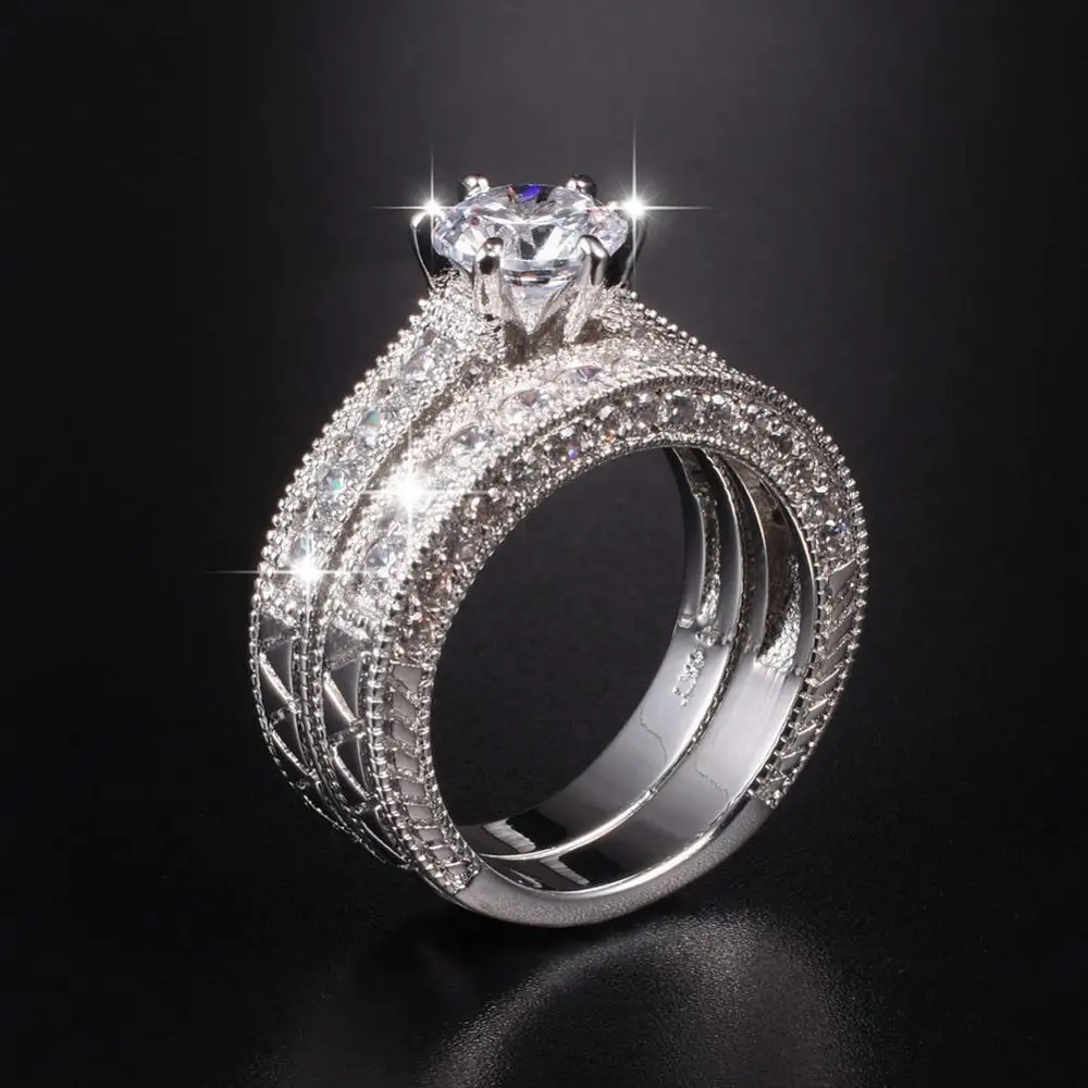 Женский винтажный Набор Колец 2 в 1 ювелирное изделие из белого золота 14 КТ с