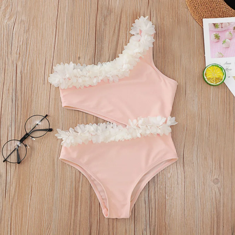 

one shoulder bodysuit baby girls children clothes swimsuit backless jumpsuit swimwear bikini flowers lace patch 2 to 6 yrs