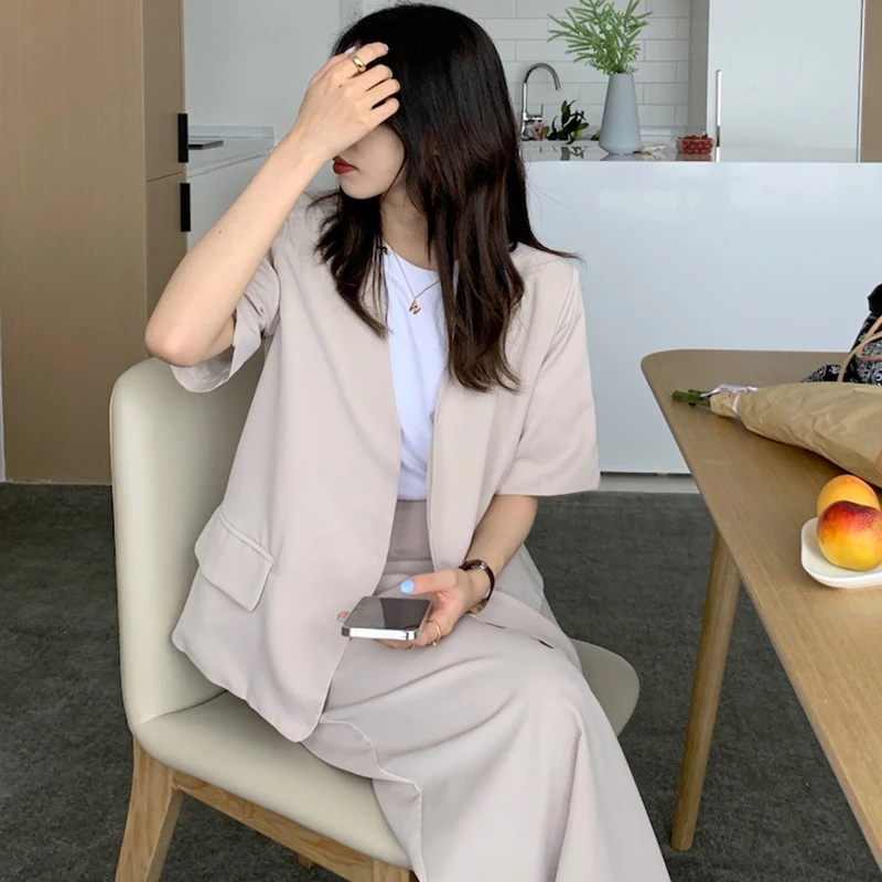

QOERLIN 2021 Solid Blazer Set Open Stitch Jacket & Long Maxi Split Skirt 2 Pieces Skirt Suit Female Office Ladies Blazer Suit
