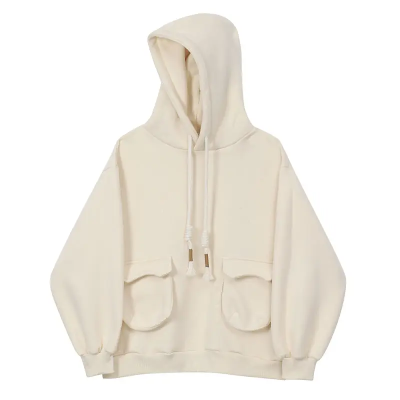 

Однотонная Толстовка с длинным рукавом и кулиской, Женская Корейская свободная Новинка 2021, повседневная винтажная Толстовка С Карманами, Ж...