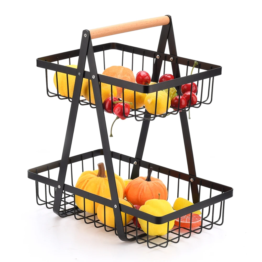 

Rack Kitchen Storage Bread Basket Portable Fruit Bowl 2-Tier Durable Material Retro Style White /Black Snacks Metal Stand