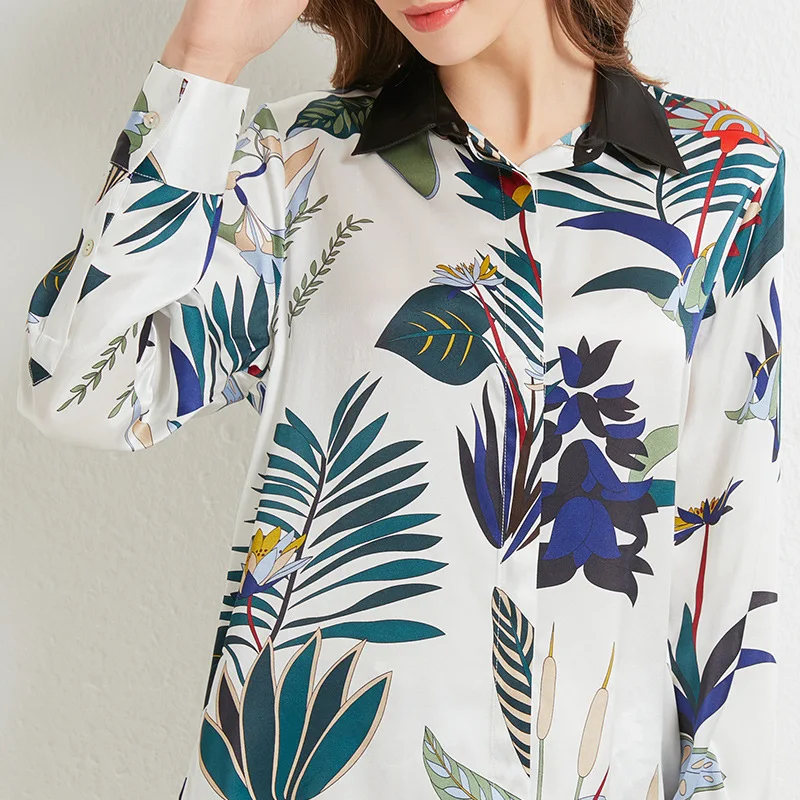 Maison Gabrielle Palm Leaf Printed Silk Pajamas Set 100% Pure Mulberry Silk 2 Pieces Long Sleeve Women's Loungewear Sleepwear