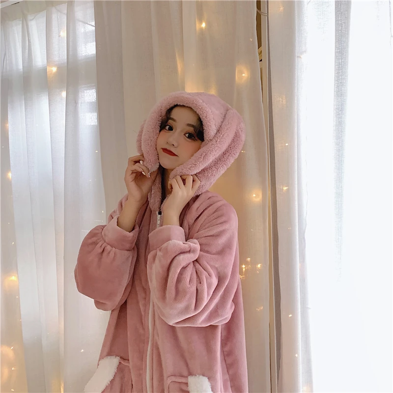 

Kawaii Adult Animal Warm Large Size Pajamas Women Pink Sleepwear Onesie Kigurumi Pyjama Anime Winter Rabbit Nightie Jumpsuit