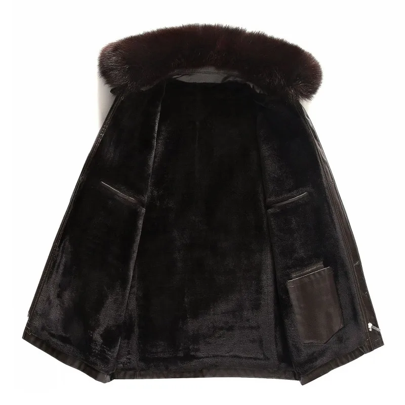 

Brand High Quality Leather Jacket Men Business Casual Fur Collar Detachable Warm Outerwear Winter Classic Single Breasted Coat