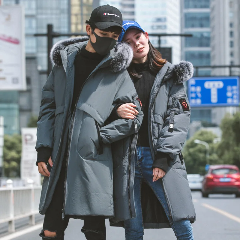 Couple Down Jacket Male Long Winter Loose Thickened White Duck Coat Men and Women's Detachable Fox Fur Collar | Мужская одежда
