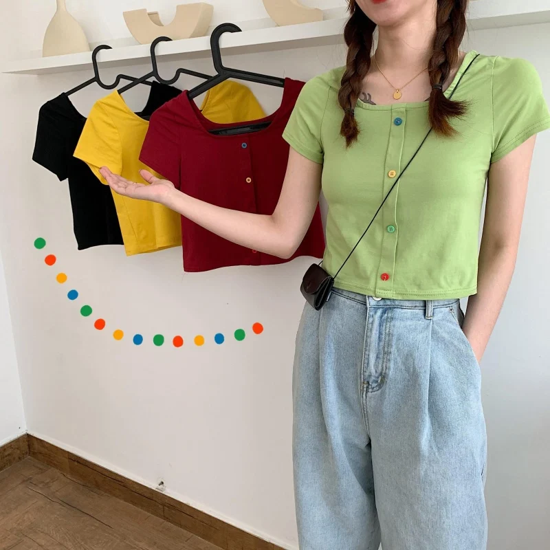 

Green Knitted T-shirt Female Cute Buttoned Tee Top O-Neck Solid Short Sleeve T-shirt Women Summer Clothes