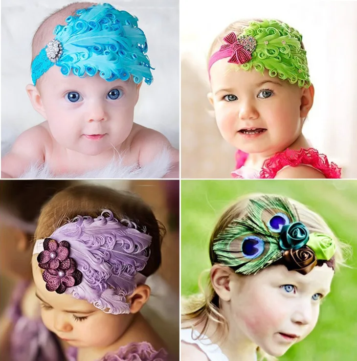 

5Pcs/Set Colorful Feathers Diamonds Elastic Children Headband Newborn Baby Girl Headbands Hair Accessories Girls Haarband
