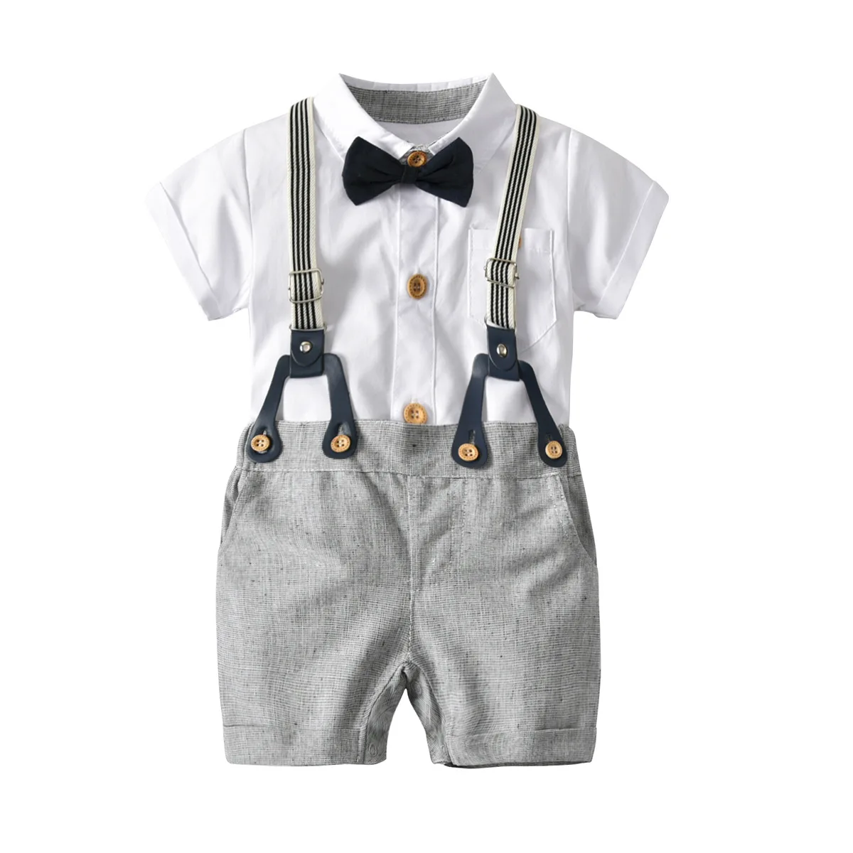 

Summer Baby Boy Kids Casual Gentleman Suit White Shirt+Suspender Shorts Overalls Gentle Clothes Set