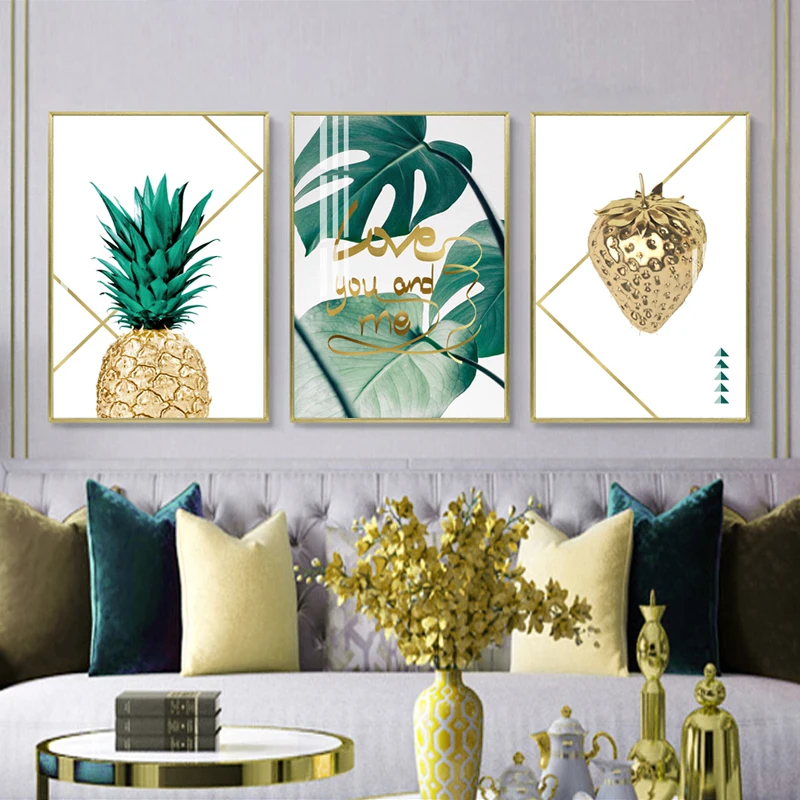 Современная Золотая клубника ананас холст картина печать растение картины