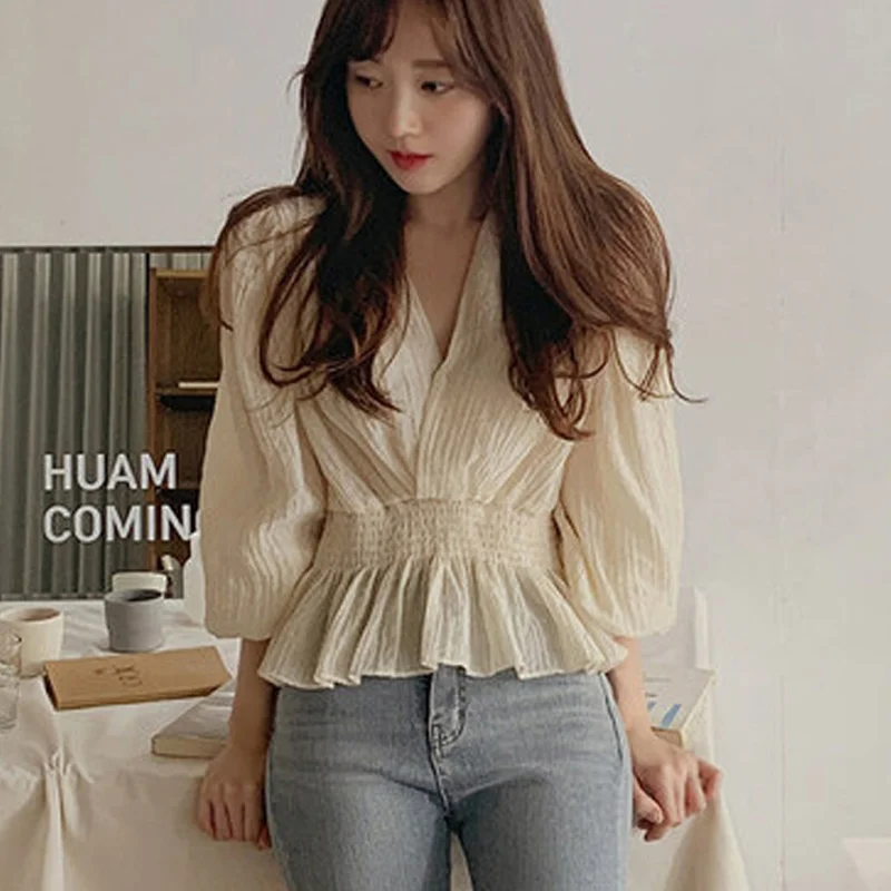 

ZAWAHIKI Korean Ruffles Chiffon V-neck Solid Women's Blouse 2021 Spring Solid Slim Waist Puff Sleeve Elegant Blusas Mujer
