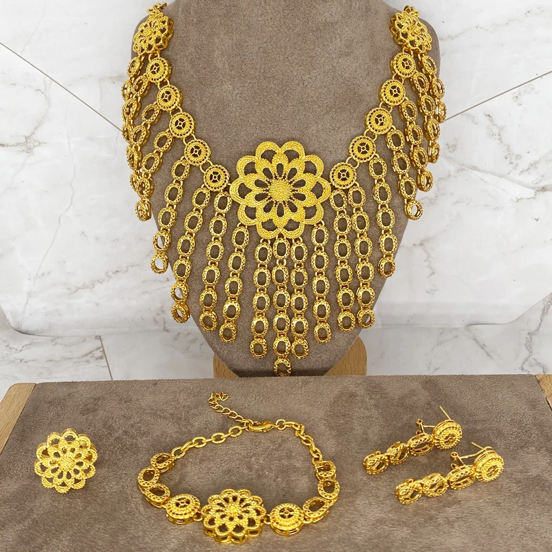 

Conjuntos de joias etíopes africanas 24k ouro para mulheres presentes de casamento dubai noiva colar brincos anel conjunto colar