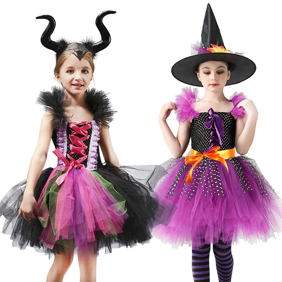 

Kids Baby Girls Halloween Dress Up Cosplay Theme Party Witch Evil Queen Knitted Adjustable Bodice Maleficent Tulle Tutu