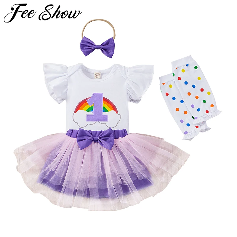 

Newborn Baby Girl 1st Birthday Outfit Flying Sleeve Letter Romper+Tulle Skirt +Bow Headband+Leg Warmers 4PCS Infant Clothes Set