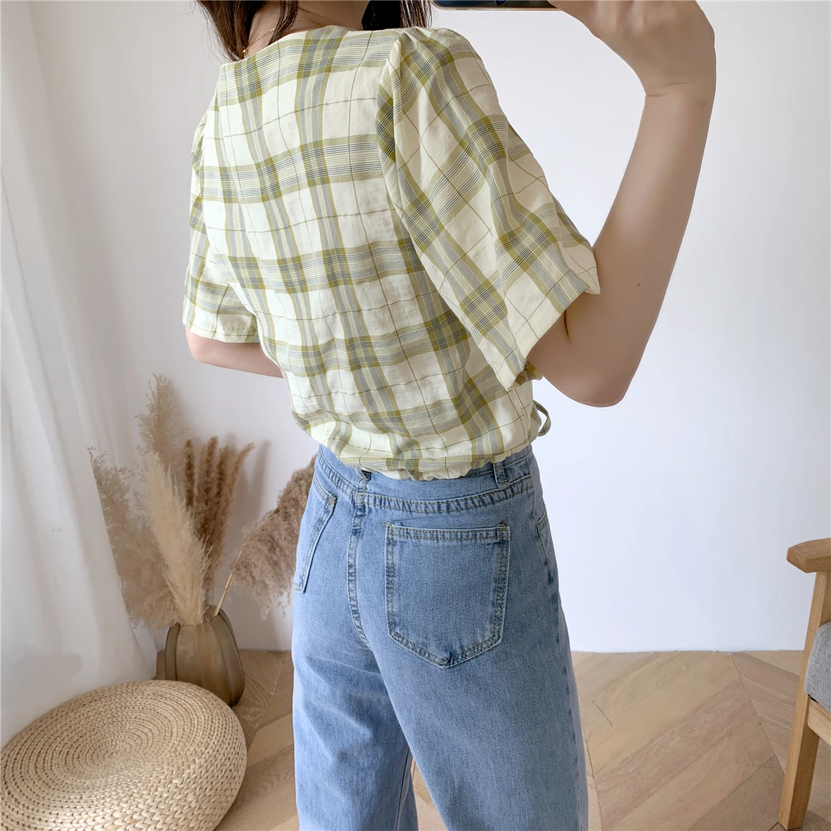 

New Style Short-sleeved Blouse Plaid Top Square Collar Slim Comfortable Fashion Blouses Casual Summer Korean Women's Shirt