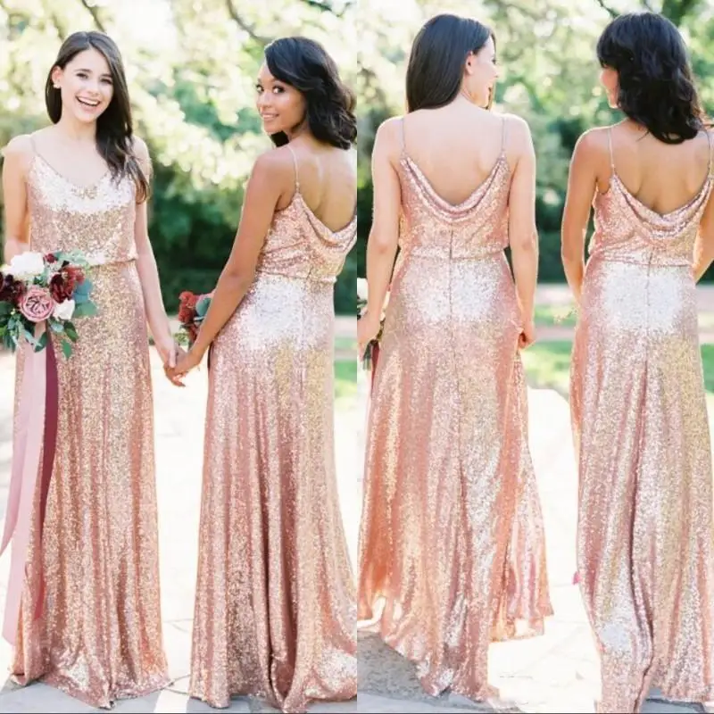 

Summer Boho Gold Sequin Bridesmaid Dresses 2019 A Light Spaghetti Straps Long Formal Evening Prom Gowns Bridesmaids