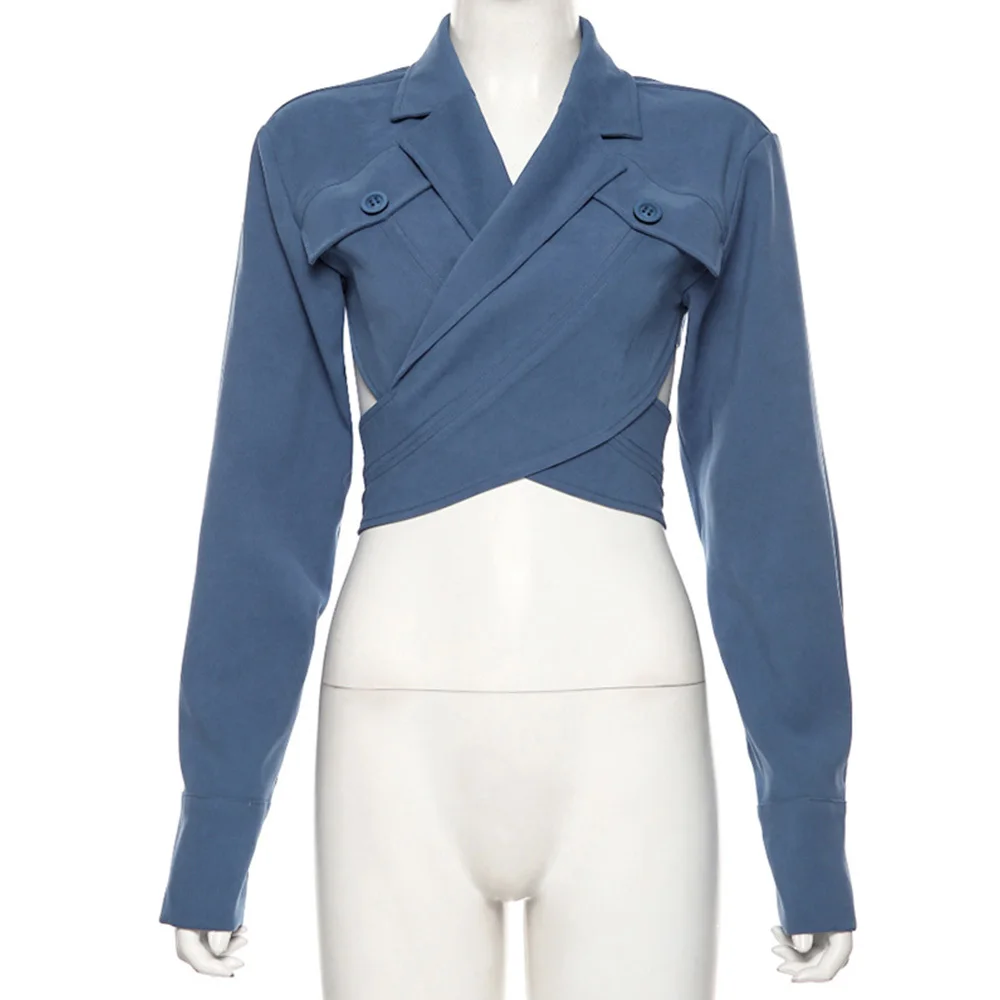 

Missnight 2021 Blue Blazer Women Bandage One Button Cropped Jacket Notched Long Sleeve Backless Pockets Sexy Blazer Streetwear
