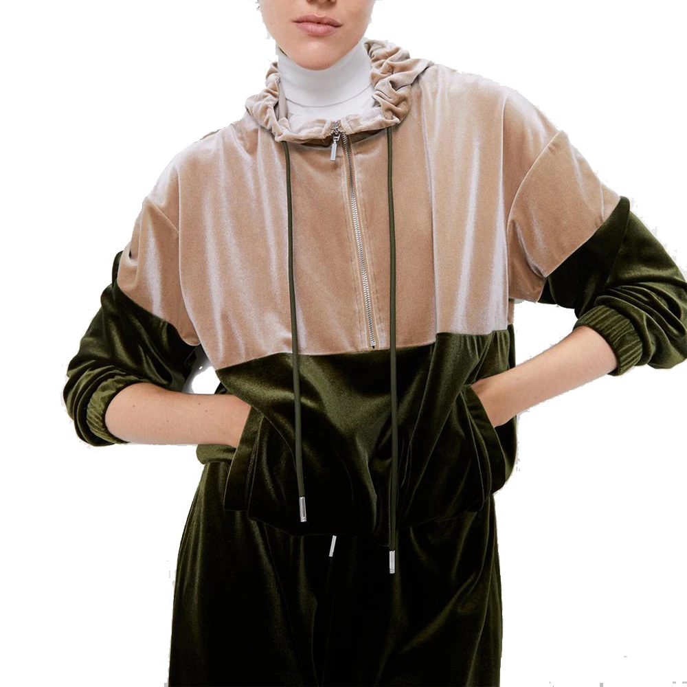 2019 ZA Женская осенне зимняя модная бархатная Толстовка худи на шнурке пуловеры с