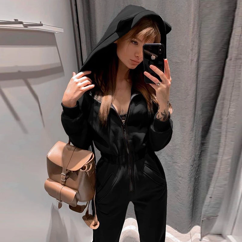 

Женский винтажный комбинезон на молнии, однотонный брючный комбинезон с длинным рукавом и капюшоном в уличном стиле на осень и зиму