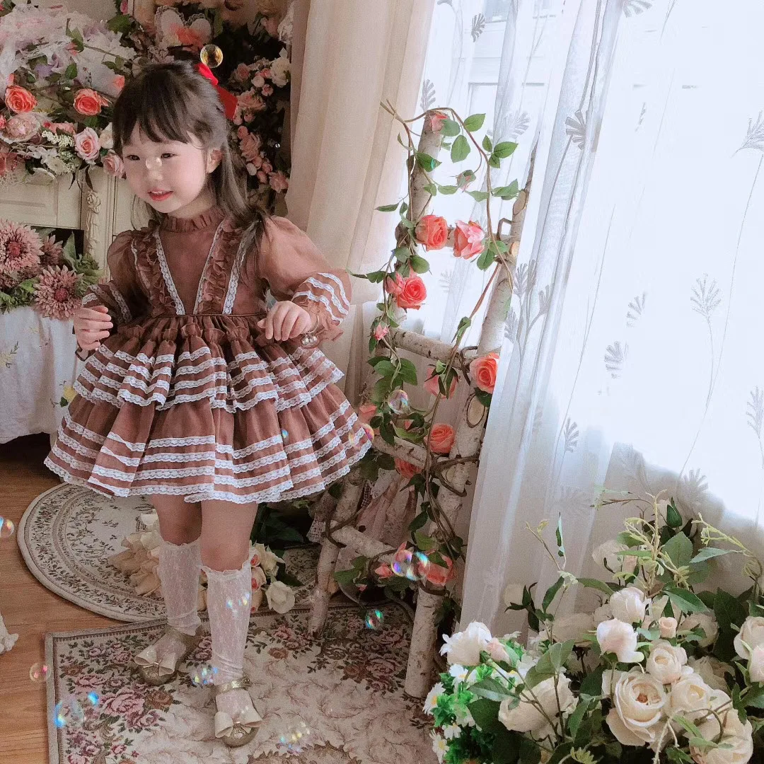 

0-12Y Baby Girl Summer Coffee Lace Vintage Spanish Ball Gown Lolita Princess Lace Dress for Easter Eid Birthday Casul