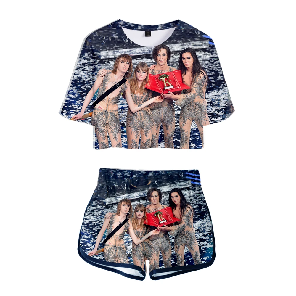 

New Summer Women Two Piece Sets 3D Print Rock band Maneskin Women Sets Sexy Girls Crop Tops+Shorts Elastic Waist Suit Vitality