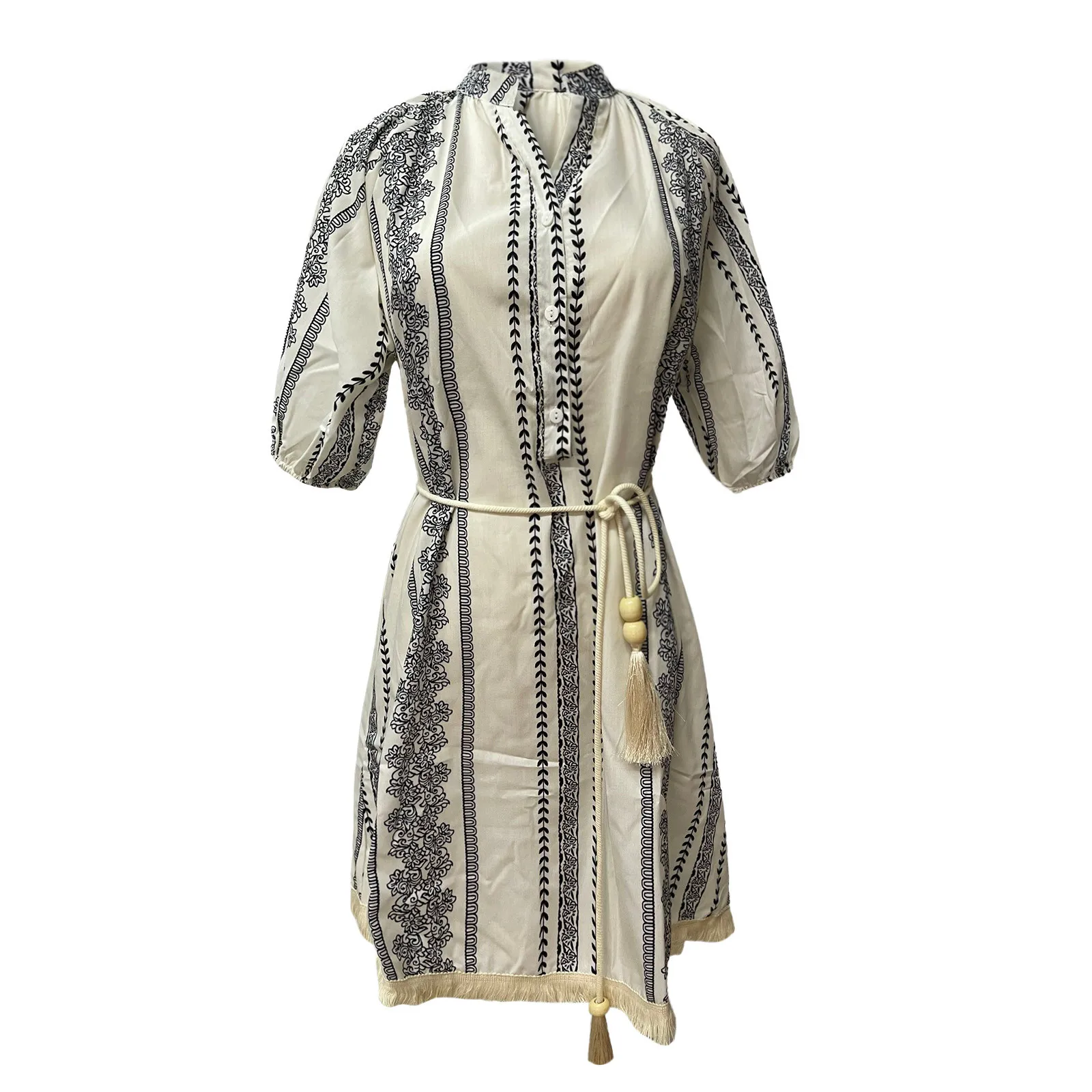 

40# Boho Tasseled Drawstring Shirt Dress Office Lady High Waist Elegant Dress Loose Casual Women's Summer Sundresses Vestidos