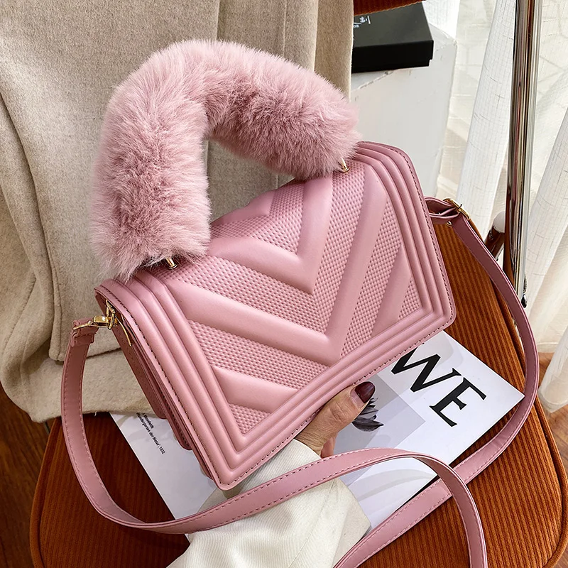 

New Solid Color PU Leather Crossbody Bags for Women 2020 Luxury Designer Shoulder Bag Soft Faux Fur Handbags Purses Bolso Mujer