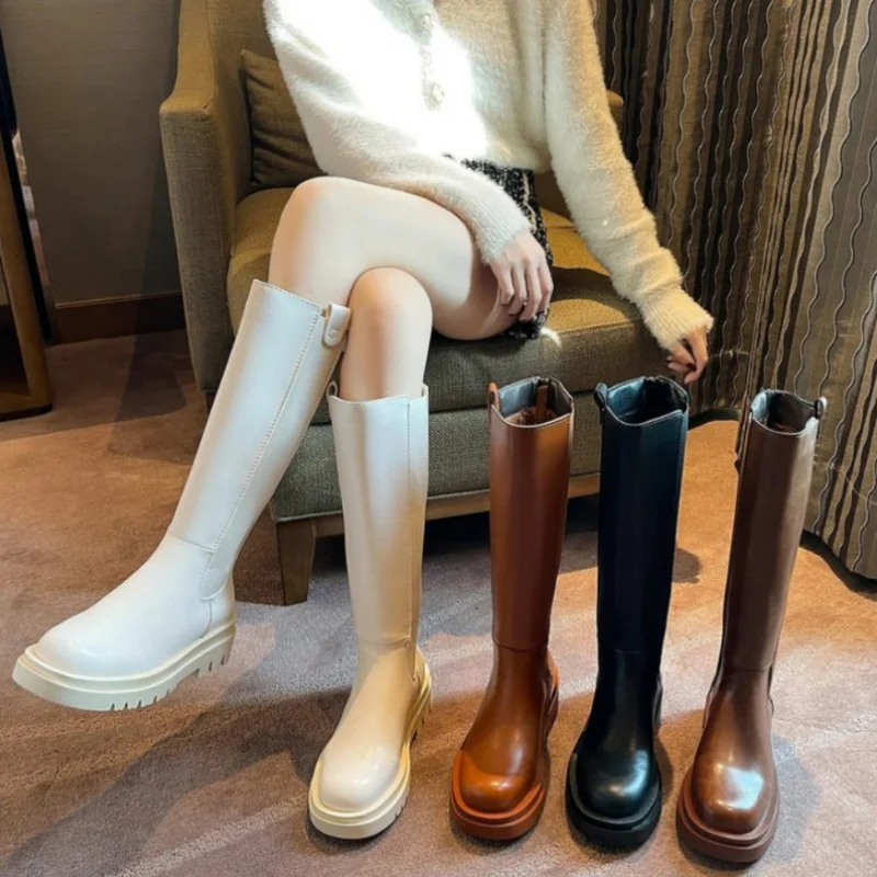 Женские осенние сапоги до колена повседневные из искусственной кожи на