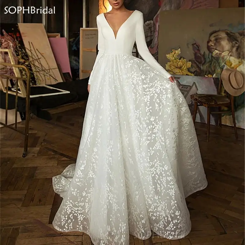 

New V-Neck Lace Wedding Dress 2021 Boho Long Sleeves Bridal Gowns Satin Backless Vestido de Noiva Plus Size Wedding Gowns
